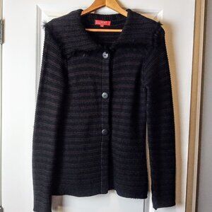 Lo Ri Black Brown Stripe Faux Fur Trim Cardigan